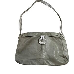 Gray Leather Shoulder Bag – Braided Strap Silver Ring Accent Medium